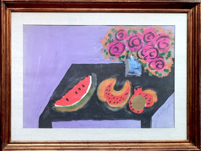 Naturaleza muerta con rosas, sandías y granadas